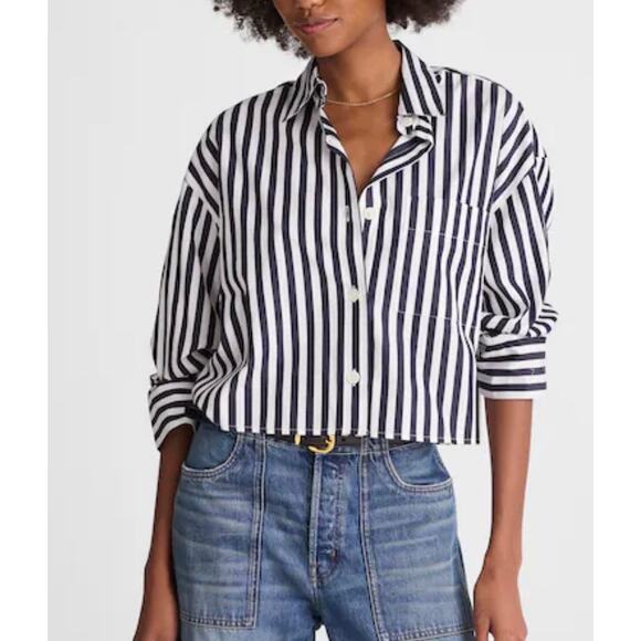 Madewell Tops - Madewell Striped Cropped Button Down Shirt Navy White Boxy Cotton Top S